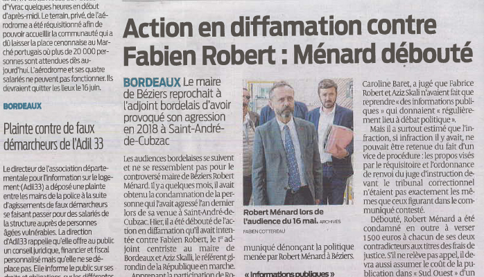 Article Sud Ouest 6 juin 2019 : Action en diffamation contre Fabien Robert : Ménard débouté