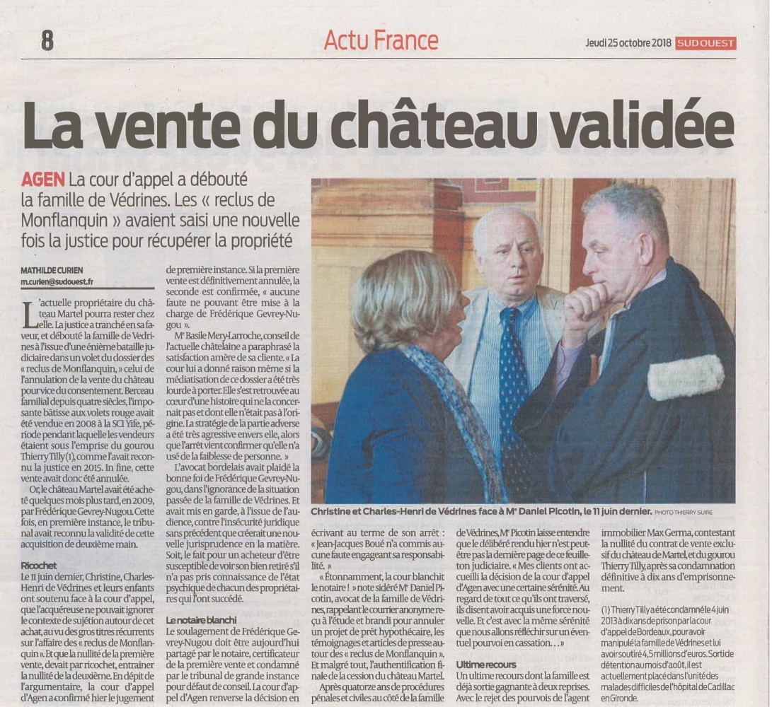 Article Sud Ouest 25 octobre 2018 : la vente du château validée