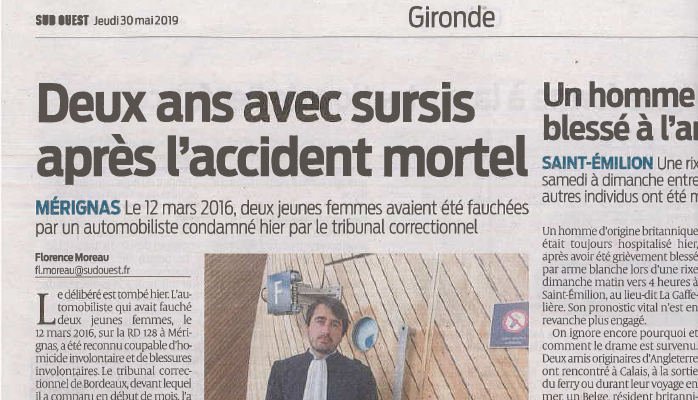 Article Sud Ouest 30 mai 2019 : Deux ans avec sursis après l'accident mortel