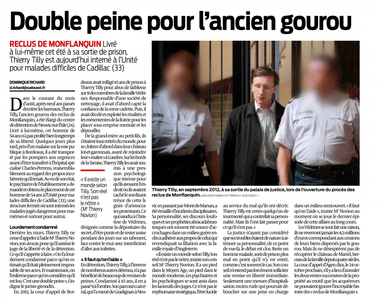 Article Sud Ouest du lundi 15 octobre 2018: double peine pour l’ancien gourou